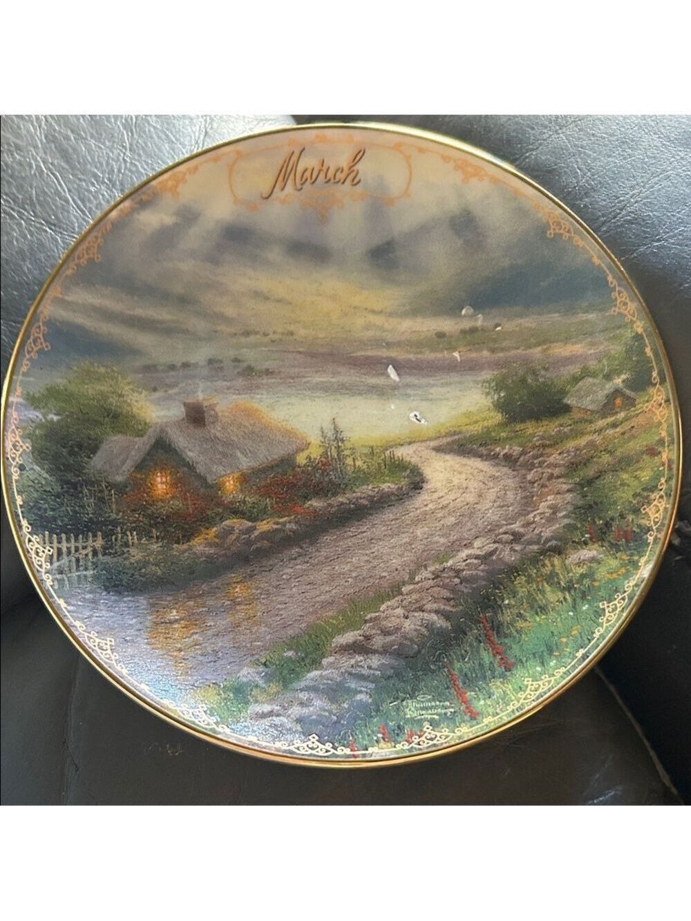 Thomas Kinkade March Plate with Green and Gold Accents